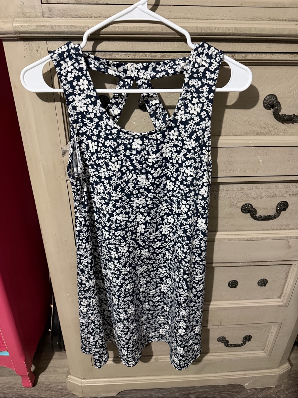 Women's Navy and White Floral Midi Dress with Cross-Back Detail